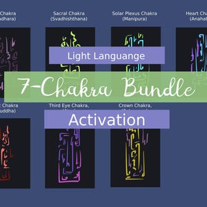 May include: A digital graphic featuring seven chakra symbols, each within a black rectangle, arranged against a dark blue background. The text "7-Chakra Bundle" is prominently displayed, with "Light Language" and "Activation" also included.