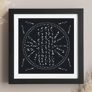 May include: A framed art print featuring a black background with a white, circular design. The design includes a series of white, curved lines and symbols arranged in a radial pattern. The frame is black.