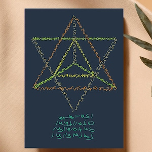 May include: A navy blue print featuring a Star of David design composed of colorful, handwritten script. The star is outlined in orange, yellow, and green. Below the star is more script in green. The print is on a dark blue background.