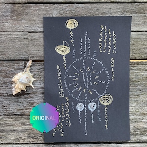 May include: A black rectangular paper featuring gold ink illustrations of a central circular wheel, surrounding scribbled circular motifs, and handwritten text. A small, textured, off-white seashell is positioned to the left.
