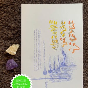 May include: An original artwork on white paper featuring calligraphy in yellow and orange, with a blue landscape drawing. The artwork includes text in a foreign language. The image also shows two gemstones and a sticker that says "SINGLE ORIGINAL PIECE."