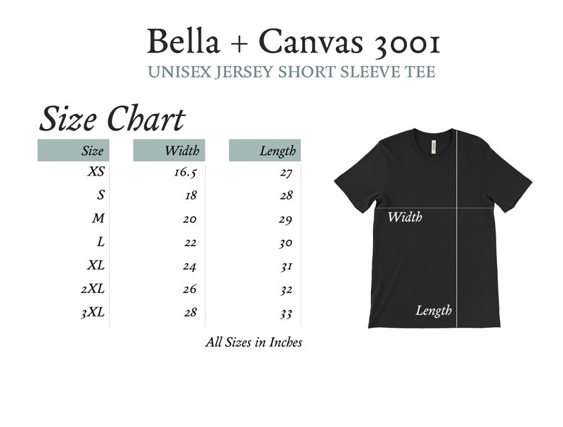 May include: Size chart for a unisex short sleeve t-shirt, Bella + Canvas 3001. The chart shows the width and length measurements in inches for sizes XS to 3XL.