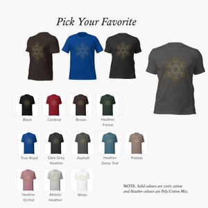 May include: A selection of t-shirts in various colors, featuring a geometric design in gold. The colors include black, cardinal, brown, heather forest, true royal, dark grey heather, asphalt, heather deep teal, pebble, heather orchid, athletic heather, and white.  "Pick Your Favorite" is written at the top of the image. "NOTE: Solid colors are 100% cotton and Heather colors are Poly/Cotton Mix." is written at the bottom of the image.