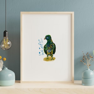 May include: A framed art print featuring a colorful, painterly illustration of a bird standing on a yellow patch. The bird is rendered in shades of dark green, blue, and yellow, with abstract blue markings positioned to the left of the bird.