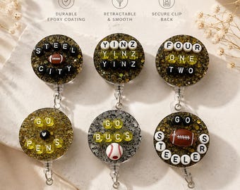 Porta badge sportivo personalizzato di Pittsburgh / Resina epossidica nera e oro glitterata / Porta badge retrattile / Regali per tifosi