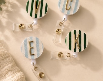Custom Initial Badge Reel: Preppy Stripes Personalized ID Holder for Work Nurse Essentials