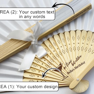 May include: Two white folding fans with wooden handles. One fan features a design of a cocktail glass and the text "a tini bit older Bella's Birthday". The other fan has a blank area for custom text.