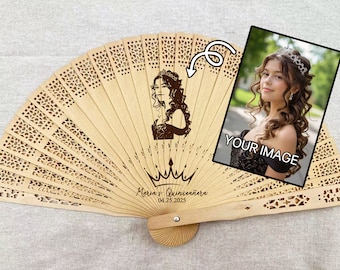 Bulk Mis Quince Años Gift Personalized Wood Photo Fan Engraved Picture Fan Quinceañera Birthday Party Favor Sweet 16 15 Gift XV Celebrations