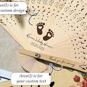 K&ouml;nnte beinhalten: Ein F&auml;cher aus Holz mit einem Laser-geschnittenen Design aus Sternen und Monden. Der F&auml;cher ist personalisiert mit dem Text "Karen's baby shower 03.20.2025" und "Thank you for coming".