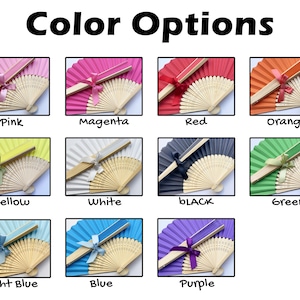 May include: A collection of 12 hand fans in various colours, including pink, magenta, red, orange, yellow, white, black, green, light blue, blue, purple. Each fan has a wooden handle and a silk fabric cover.