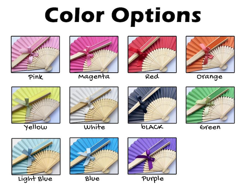 May include: A collection of 12 hand fans in various colours, including pink, magenta, red, orange, yellow, white, black, green, light blue, blue, purple. Each fan has a wooden handle and a silk fabric cover.