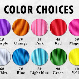 May include: Image displaying ten color options: purple, orange, pink, red, magenta, white, blue, light blue, green, and yellow. Each color is presented in a circular shape with a corresponding number and color name below.