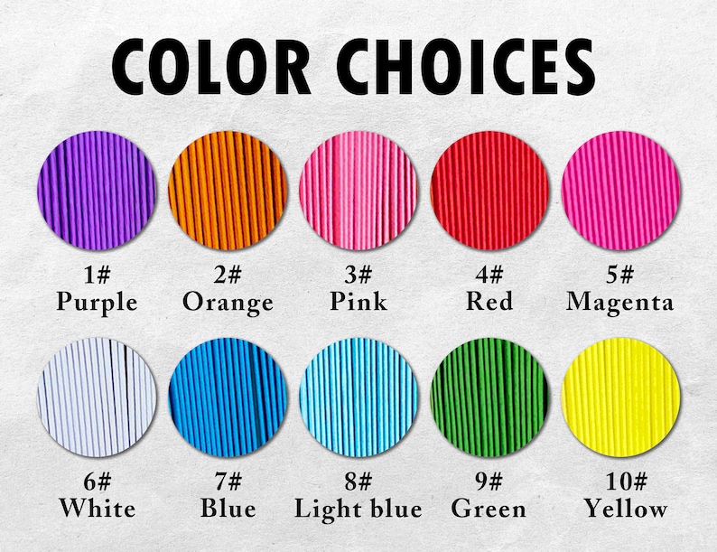 May include: Image displaying ten color options: purple, orange, pink, red, magenta, white, blue, light blue, green, and yellow. Each color is presented in a circular shape with a corresponding number and color name below.