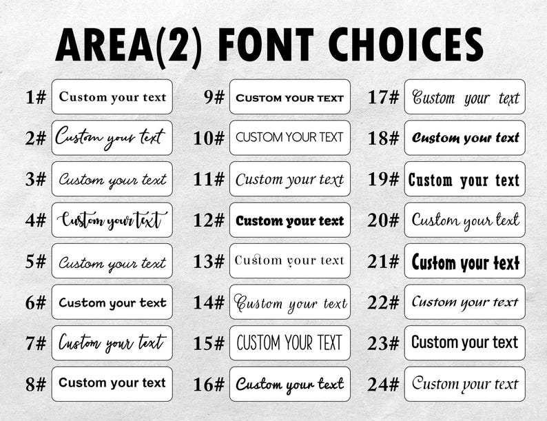 May include: A chart titled AREA(2) FONT CHOICES displaying twenty-four numbered rectangular boxes, each containing the black text Custom your text in a unique typeface. The list includes a variety of serif, sans-serif, and script font styles.