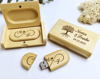 May include: A wooden box with a USB drive inside. The USB drive is engraved with an infinity symbol and the letters M and F. The box is also engraved with a tree and the text "Monica & Frankie 04.25.2025".
