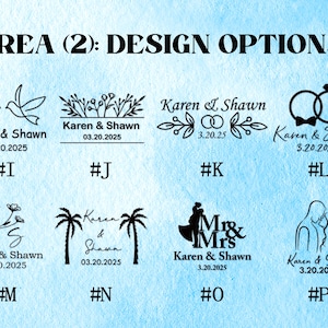 May include: A light blue background displays various wedding design options. Each design includes the names "Karen & Shawn" and the date "03.20.2025". Designs include doves, floral arrangements, rings, and silhouettes.
