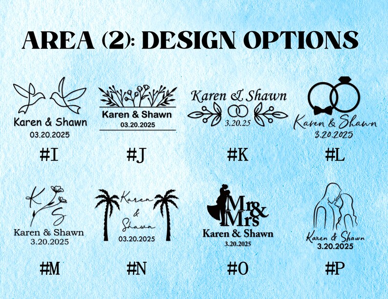 May include: A light blue background displays various wedding design options. Each design includes the names "Karen & Shawn" and the date "03.20.2025". Designs include doves, floral arrangements, rings, and silhouettes.