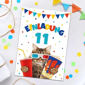 Einladungskarten zum 11. Kindergeburtstag Kino Katze Einladungen zum elften Geburtstag Jungen Mädchen Motto-Party Geburtstagseinladungen