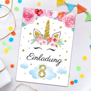 Einladungskarten zum 8. Kindergeburtstag Einhorn Unicorn für Mädchen Einladungen zum achten Geburtstag Geburtstagseinladungen