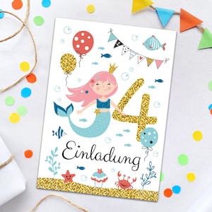 Einladungskarten zum 4. Kindergeburtstag Meerjungfrau für Mädchen Einladungen zum vierten Geburtstag Geburtstagseinladungen