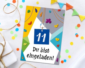 May include: A colorful invitation card with a climbing wall design. The card has a blue tag with the number 11 on it and the text "Du bist eingeladen!" which translates to "You are invited!" in English.