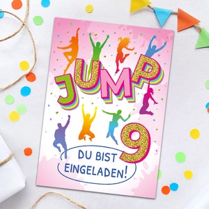 Einladungskarten zum 9. Kindergeburtstag Jump Trampolin Einladungen zum neunten Geburtstag Mädchen Motto-Party Geburtstagseinladungen