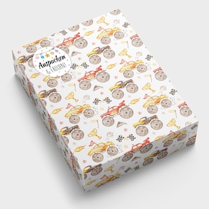 Geschenkpapier Truck Auto Kindermotiv für kleine Geschenke für Kindergeburtstag Weihnachten (A3-Format incl. Aufkleber und Verschlusspunkte)