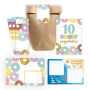 Einladungskarten zum 10. Kindergeburtstag Donuts Einladungen Geburtstag Mädchen Gastgeschenke Geschenktüten Schiffe versenken Einladunsset