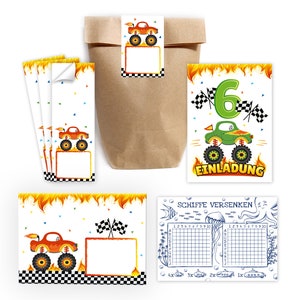 Einladungskarten zum 6. Kindergeburtstag Monstertruck Einladungen sechste Geburtstag Jungen Gastgeschenke Geschenktüten Schiffe versenken