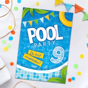 Einladungskarten zum 9. Kindergeburtstag Schwimmbad Pool-Party Einladungen zum neunten Geburtstag Mädchen Jungen Geburtstagseinladungen