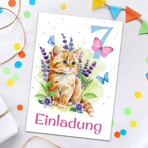 Einladungskarten zum 7. Kindergeburtstag Katze Tiere für Mädchen Einladungen zum siebten Geburtstag bunte coole Geburtstagseinladungen