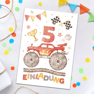 Einladungskarten zum 5. Kindergeburtstag Einladungen zum fünften Geburtstag Jungen Geburtstagseinladungen Monster-Truck Auto Jungs