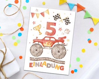 Einladungskarten zum 5. Kindergeburtstag Einladungen zum fünften Geburtstag Jungen Geburtstagseinladungen Monster-Truck Auto Jungs