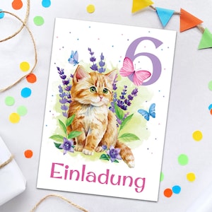 Einladungskarten zum 6. Kindergeburtstag Katze Tiere für Mädchen Einladungen zum sechsten Geburtstag bunte coole Geburtstagseinladungen