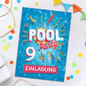 Einladungskarten zum 9. Kindergeburtstag Schwimmbad Pool-Party Einladungen zum neunten Geburtstag Mädchen Jungen Geburtstagseinladungen