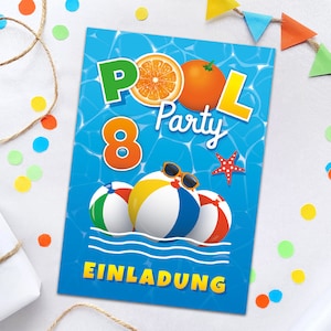 Einladungskarten zum 8. Kindergeburtstag Schwimmbad Pool-Party Einladungen zum achten Geburtstag Mädchen Jungen Geburtstagseinladungen