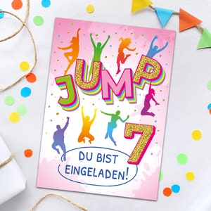 Einladungskarten zum 7. Kindergeburtstag Jump Trampolin Einladungen zum siebten Geburtstag Mädchen Motto-Party Geburtstagseinladungen