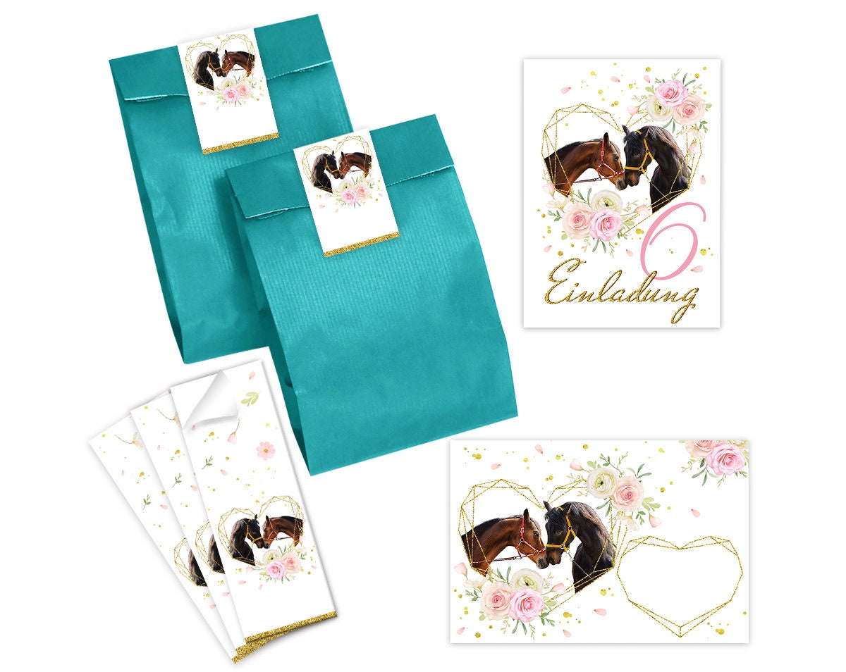Minkocards 12 Einladungskarten zum 6. Kindergeburtstag Mädchen Pferd Einladung sechste Geburtstag incl. 12 Umschläge, 12 Partytüten/rosa, 12 Aufkleber, 12 Lesezeichen Einladungsset