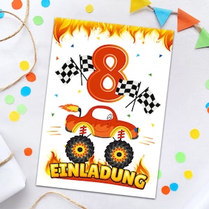 Einladungskarten zum 8. Kindergeburtstag Einladungen zum achten Geburtstag Jungen Geburtstagseinladungen Monster-Truck Auto Jungs
