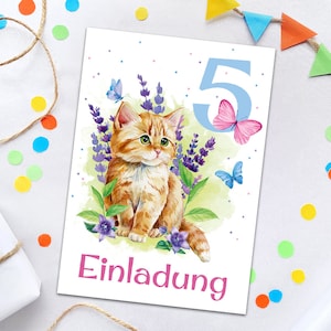 Einladungskarten zum 5. Kindergeburtstag Katze Tiere für Mädchen Einladungen zum fünften Geburtstag bunte coole Geburtstagseinladungen