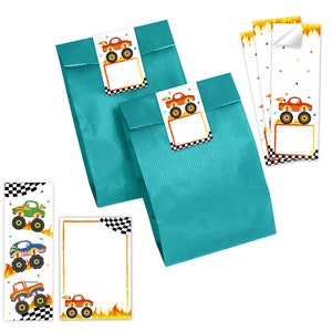 Mitgebsel-Set Tüten + Mini-Notizblöcke + Lesezeichen + Aufkleber Monster-Truck kleine Geschenke Gastgeschenke für Kindergeburtstag Jungen