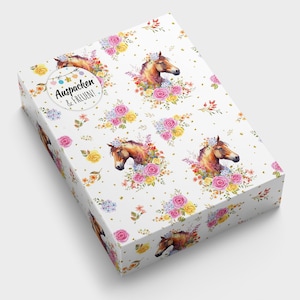 Geschenkpapier Pferd Kindermotiv für kleine Geschenke für Kindergeburtstag Weihnachten (A3-Format incl. Aufkleber und Verschlusspunkte)