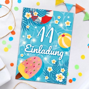 Einladungskarten zum 11. Kindergeburtstag Schwimmbad Pool-Party Einladungen zum elften Geburtstag Mädchen Jungen Geburtstagseinladungen