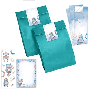 Mitgebsel-Set Tüten + Mini-Notizblöcke + Lesezeichen + Aufkleber Roboter kleine Geschenke Gastgeschenke für Kindergeburtstag Jungen