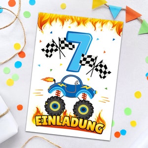 Einladungskarten zum 7. Kindergeburtstag Einladungen zum siebten Geburtstag Jungen Geburtstagseinladungen Monster-Truck Auto Jungs