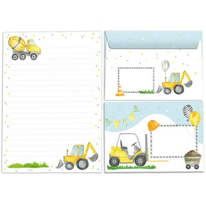 Briefpapier-Set Briefblock mit Umschlägen für Jungs Baustelle Bagger für Kinder Jungen (Block A5 mit 25 Blätter + 15 Umschläge)