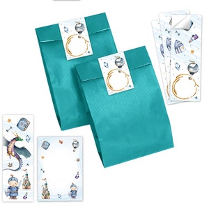 Mitgebsel-Set Tüten + Mini-Notizblöcke + Lesezeichen + Aufkleber Ritter Drache kleine Geschenke Gastgeschenke für Kindergeburtstag Jungen