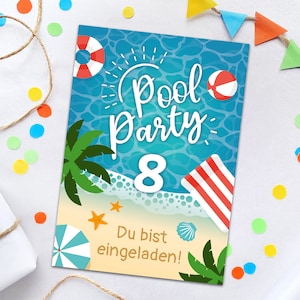 Einladungskarten zum 8. Kindergeburtstag Schwimmbad Pool-Party Einladungen zum achten Geburtstag Mädchen Jungen Geburtstagseinladungen