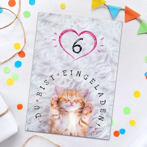 Einladungskarten zum 6. Kindergeburtstag Katze Tiere für Mädchen Einladungen zum sechsten Geburtstag bunte coole Geburtstagseinladungen