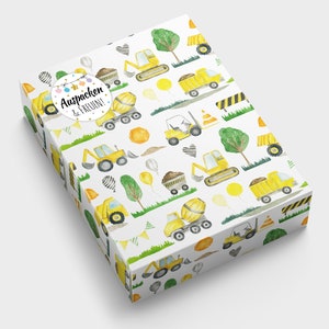 Geschenkpapier Baustelle Kindermotiv für kleine Geschenke für Kindergeburtstag Weihnachten (A3-Format incl. Aufkleber und Verschlusspunkte)